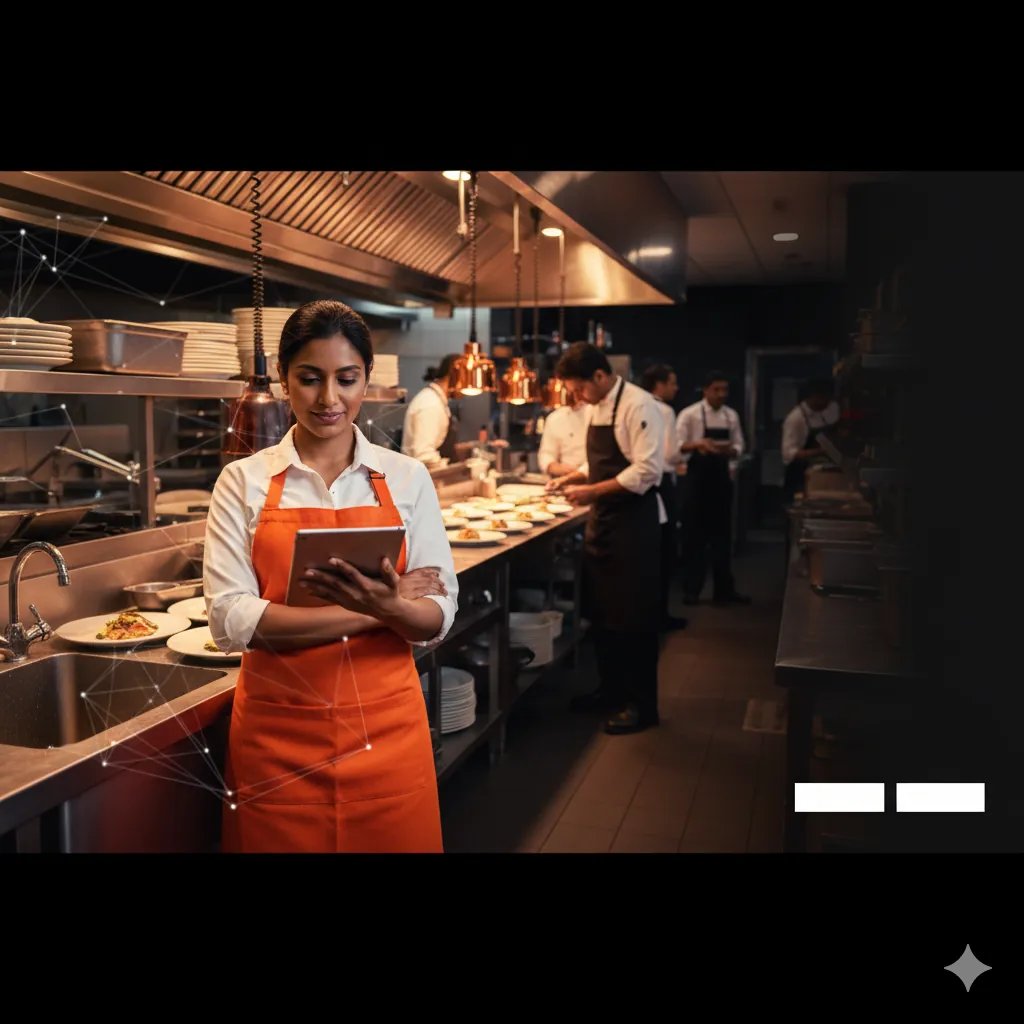 Professional kitchen manager using tablet in busy commercial kitchen