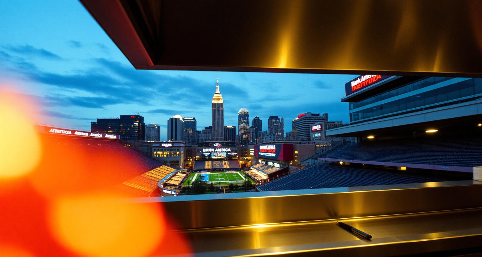 Atlanta skyline and stadium lights behind a concession kitchen pass — DishwasherHero+ on-demand stadium and BOH staffing