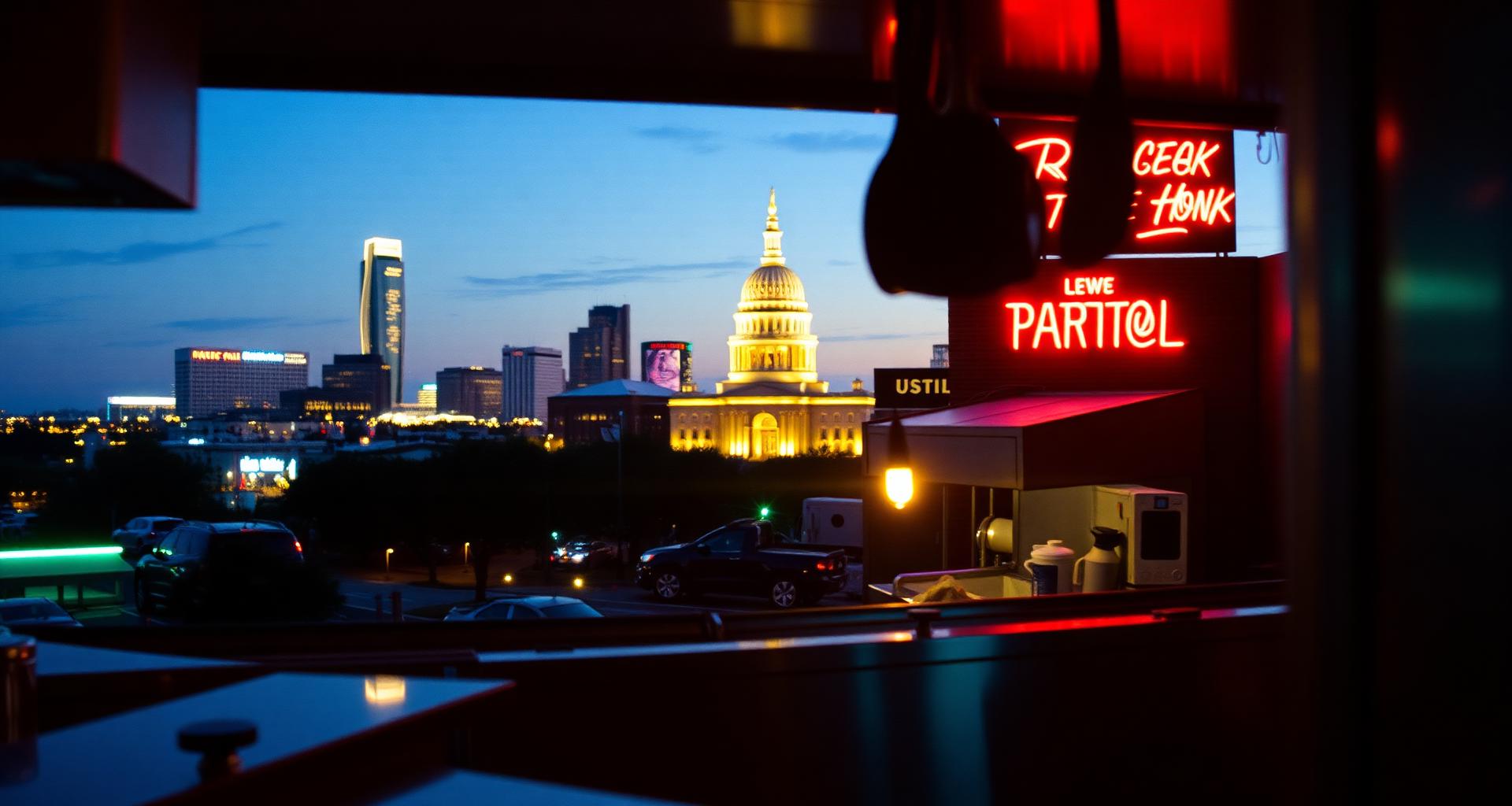 Austin Texas State Capitol with neon music venue signs behind a live music venue kitchen — DishwasherHero+ on-demand BOH staffing