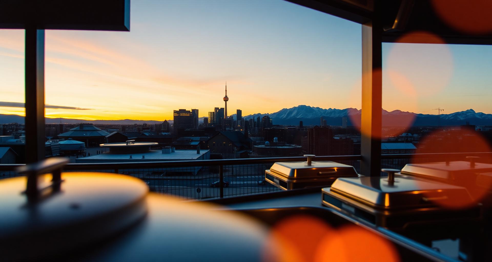 Calgary Tower and Canadian Rocky Mountains behind a Stampede catering kitchen — DishwasherHero+ on-demand T4 BOH staffing