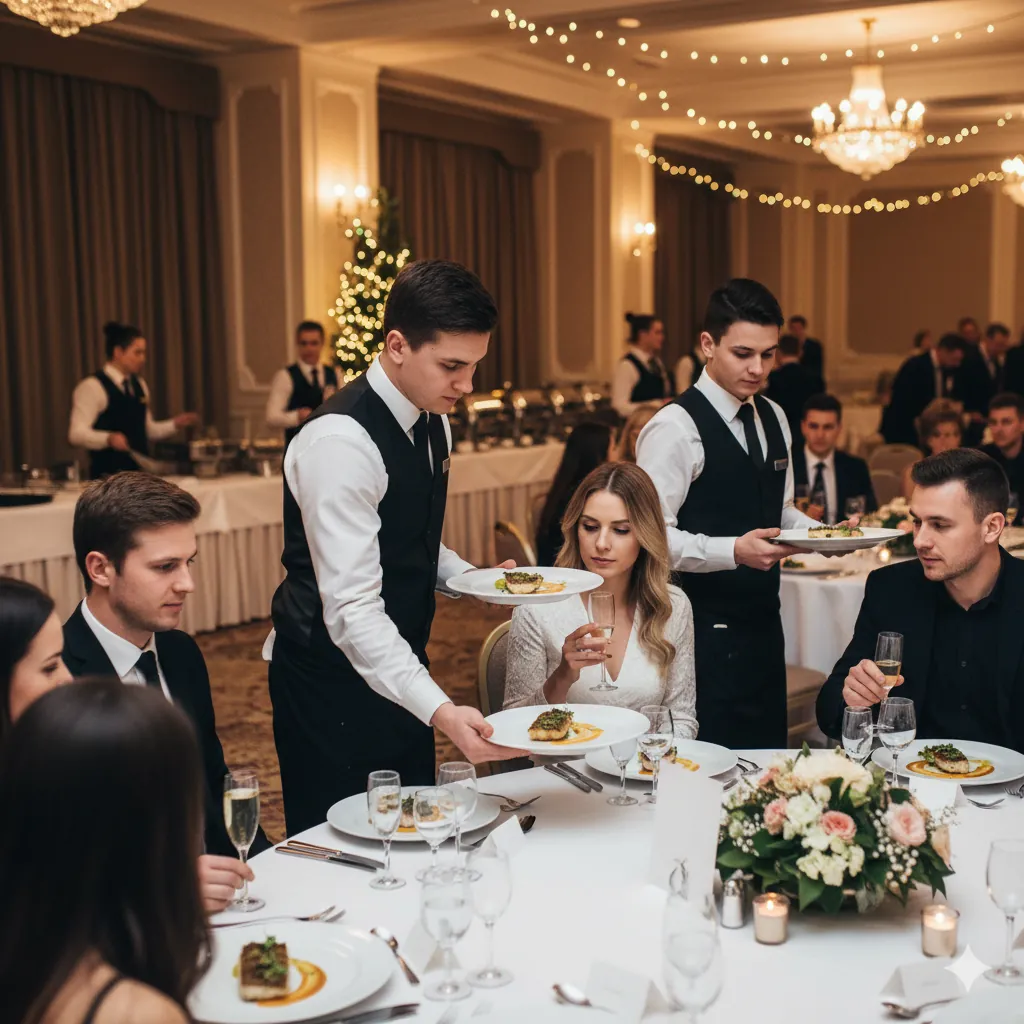 Professional catering team providing food service at a large-scale hospitality event