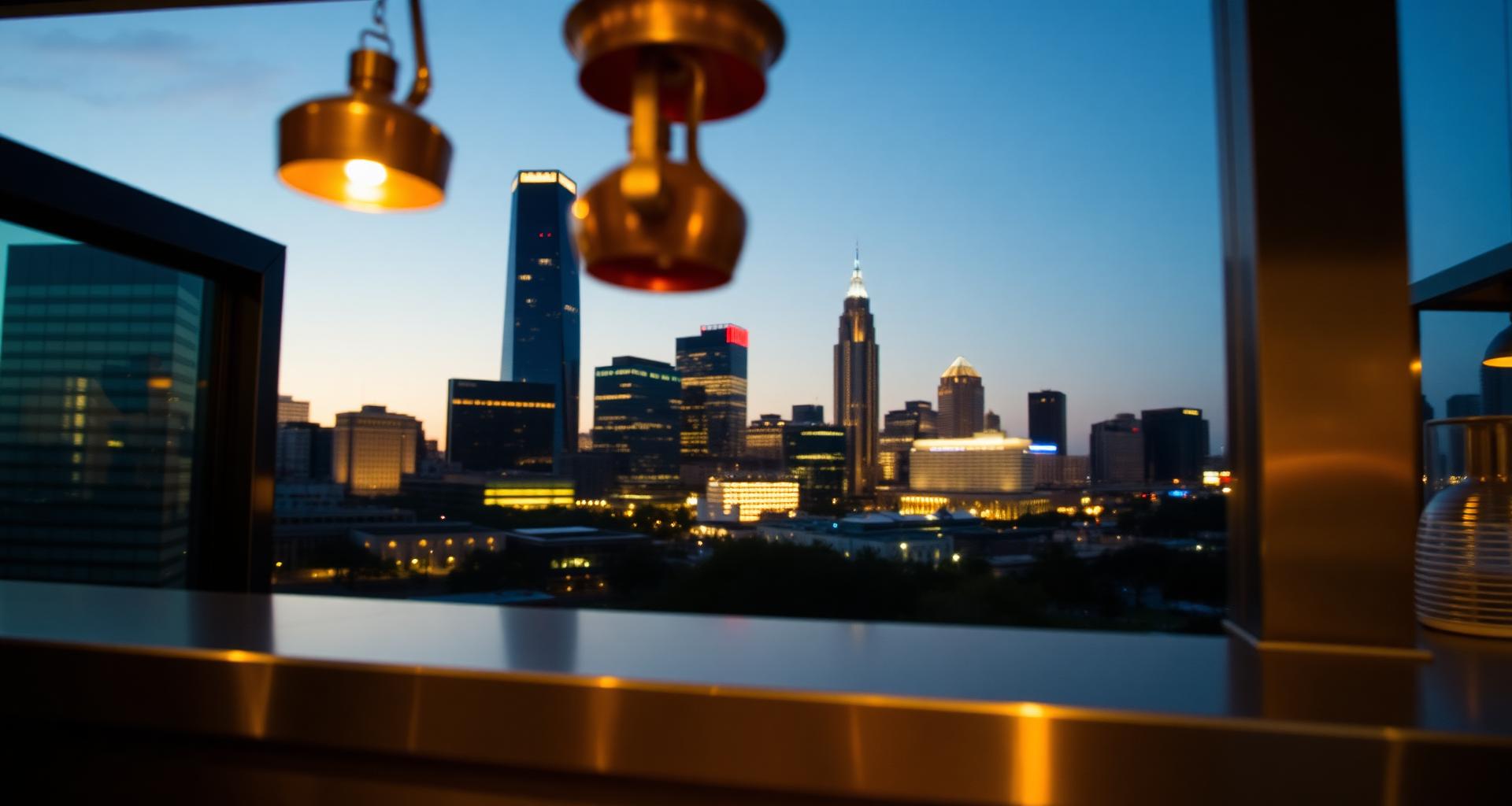 Charlotte uptown skyline behind an upscale restaurant kitchen pass — DishwasherHero+ on-demand BOH staffing
