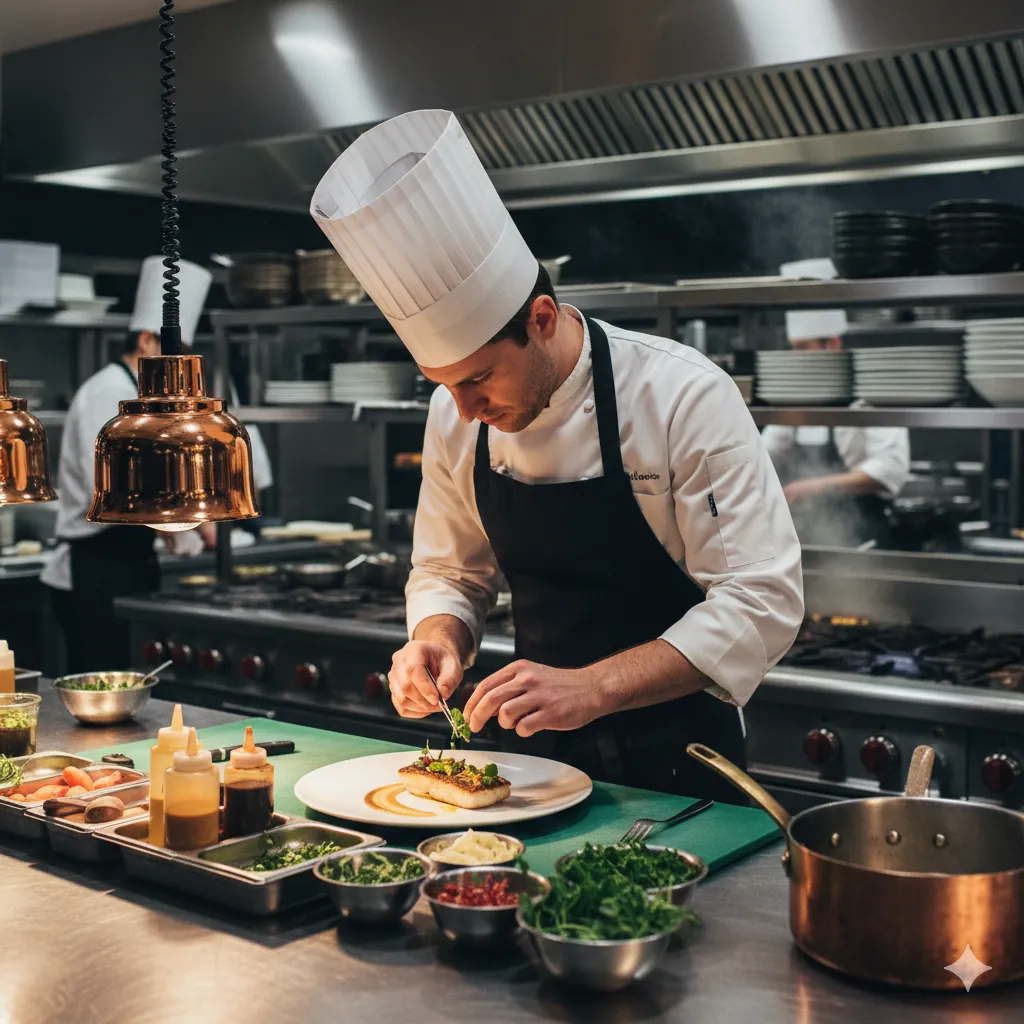Professional chef plating dishes in a restaurant kitchen