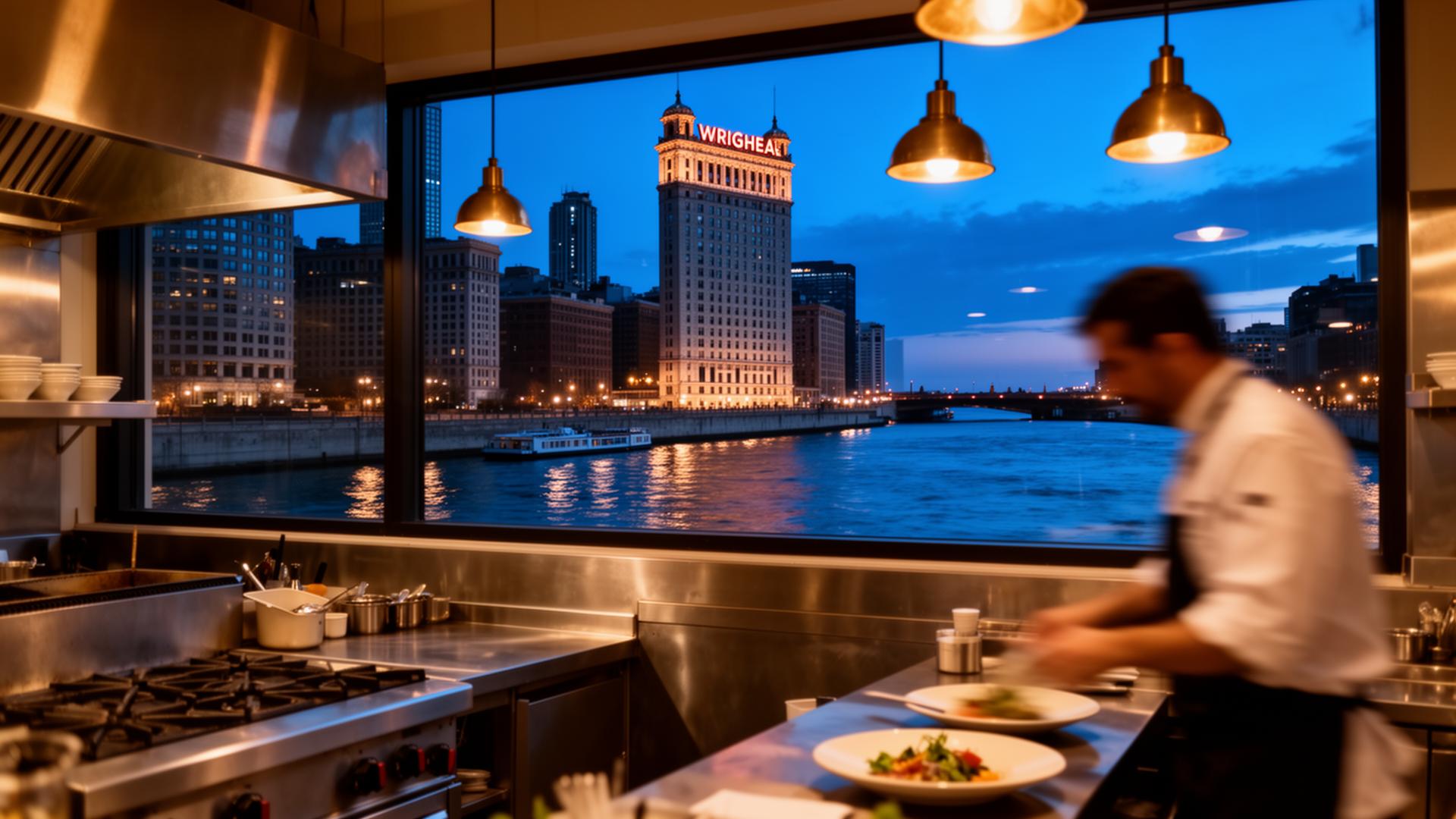 Chicago River and Wrigley Building at dusk seen from a Loop restaurant kitchen — DishwasherHero+ on-demand W-2 BOH staffing in Chicago