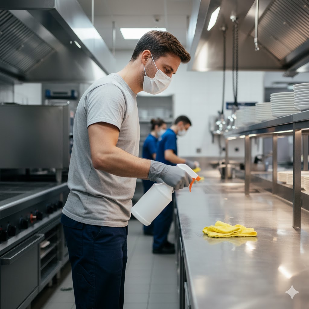 Professional cleaner maintaining hygiene standards in a commercial restaurant kitchen