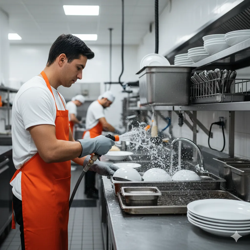 Back-of-house dishwasher at a commercial dish station