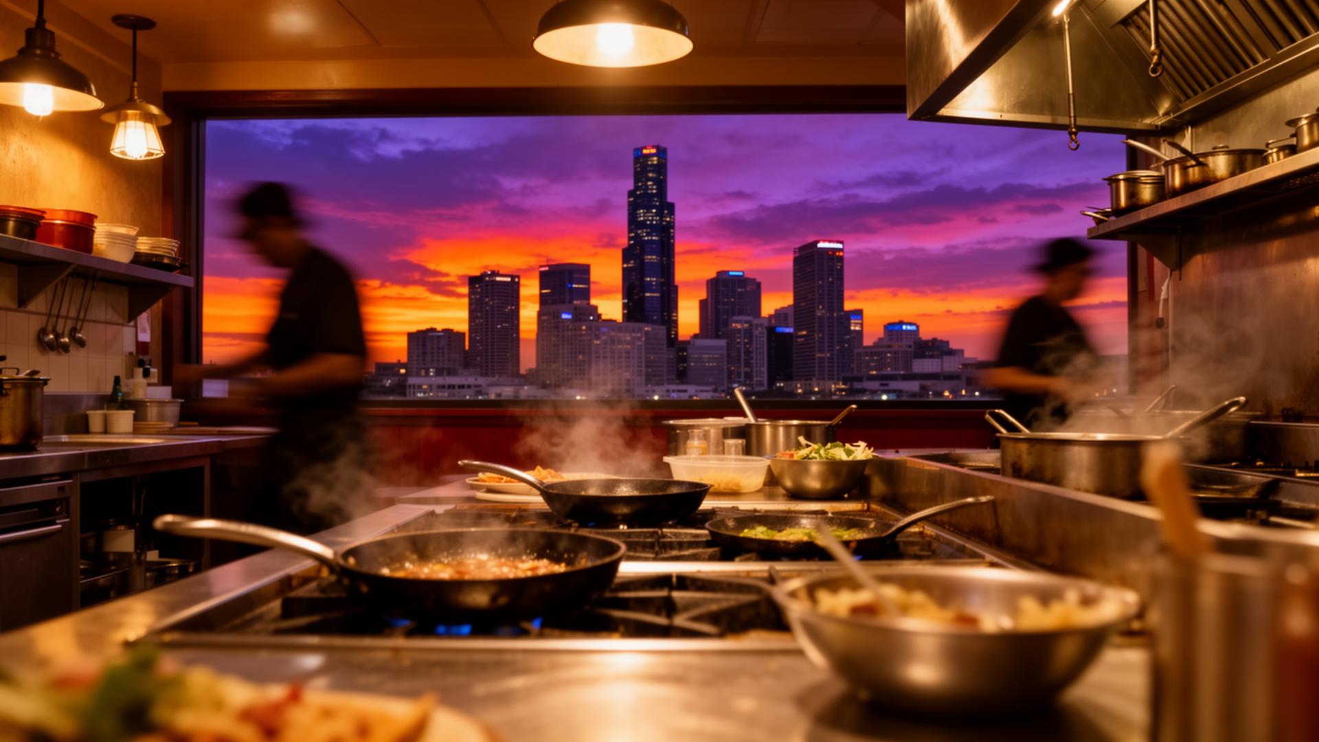 Downtown Houston skyline at sunset behind a busy Tex-Mex kitchen line — DishwasherHero+ same-day W-2 BOH staffing in Houston
