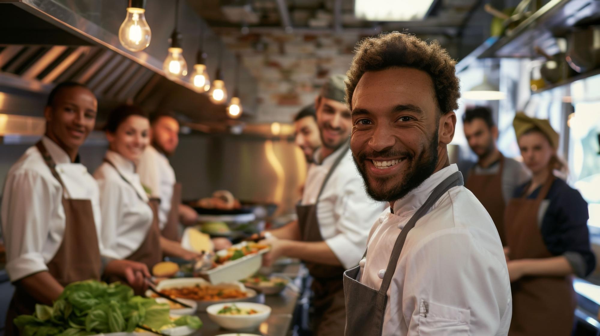 Smiling professional kitchen staff ready for service