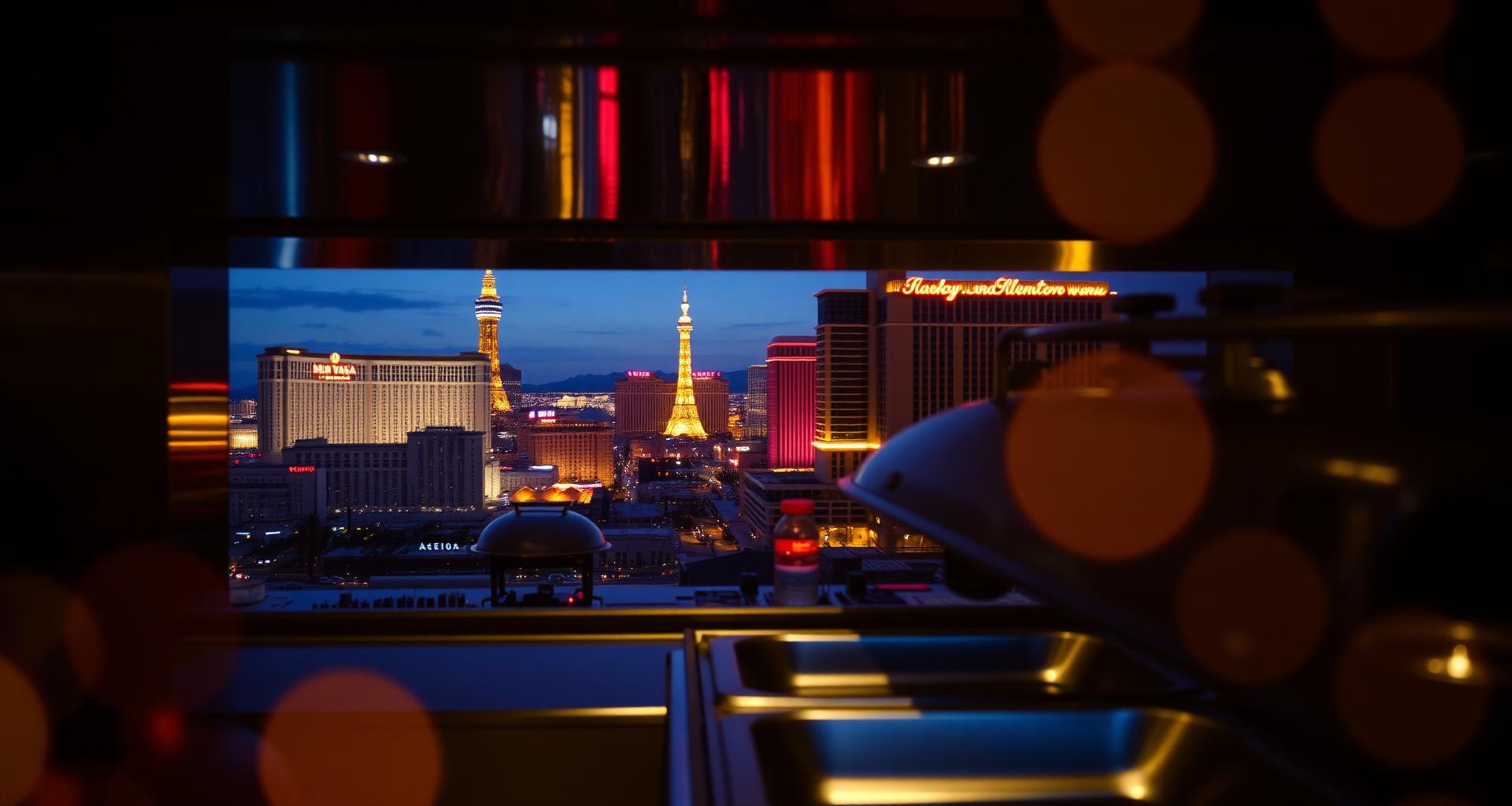Las Vegas Strip at night behind a hotel catering kitchen — DishwasherHero+ on-demand banquet and BOH staffing