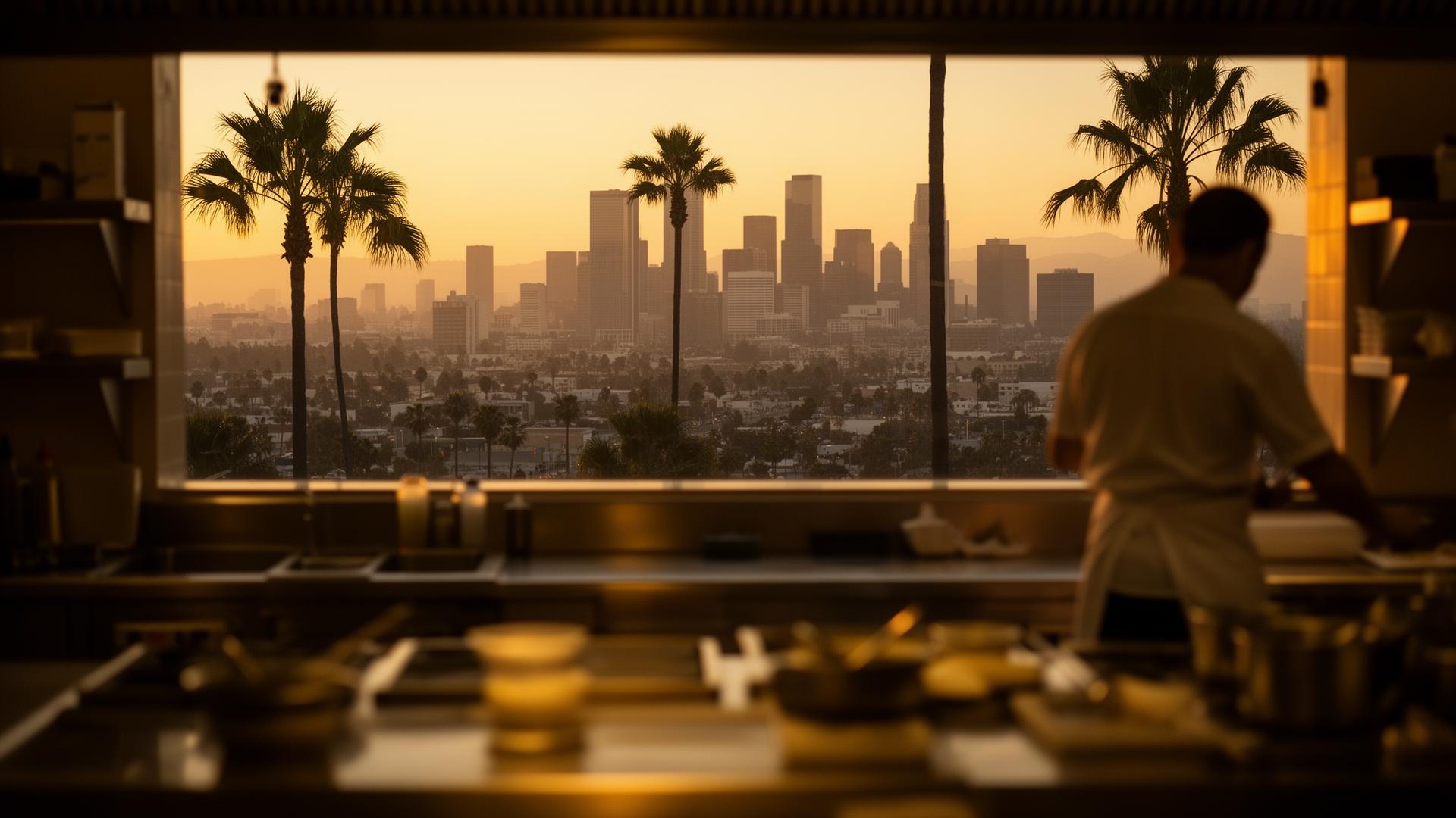 Downtown Los Angeles skyline with palm trees at golden hour, framed by a hotel kitchen — DishwasherHero+ AB5-compliant W-2 BOH staffing in LA