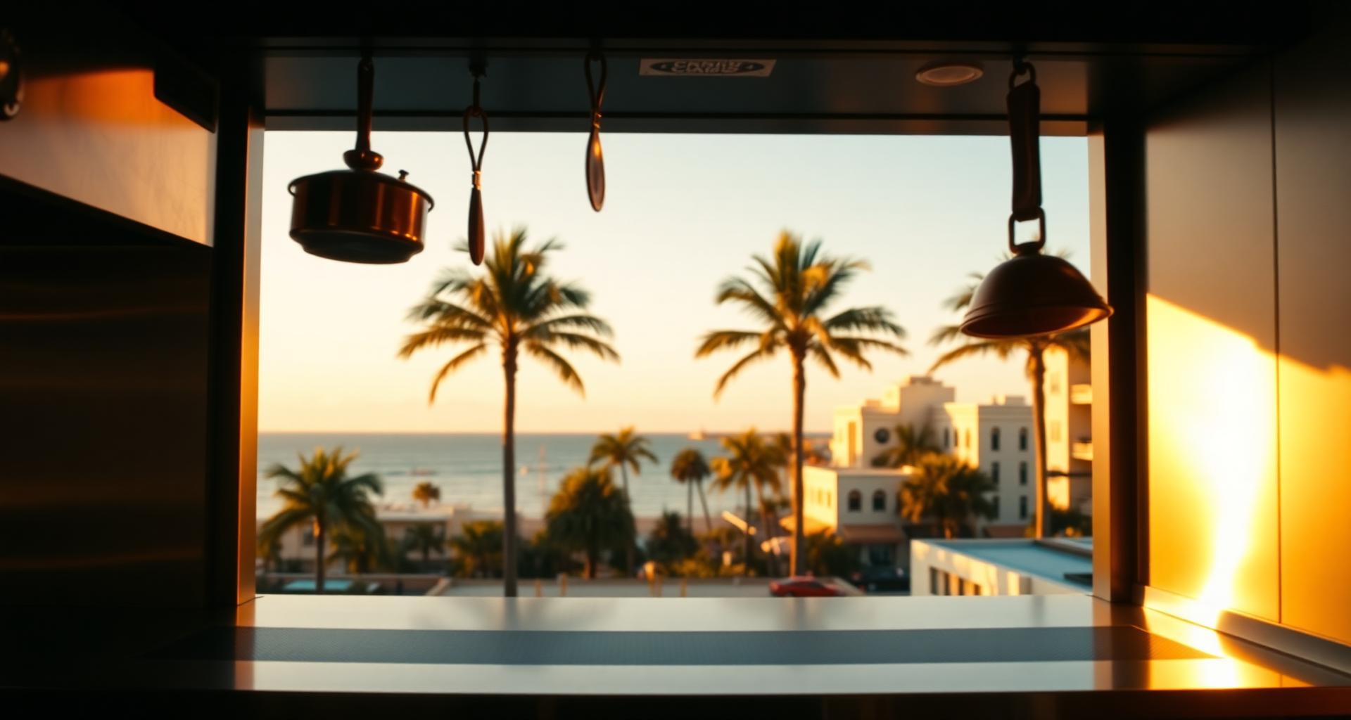 Miami South Beach skyline seen through a hotel back-of-house kitchen pass — DishwasherHero+ on-demand BOH staffing