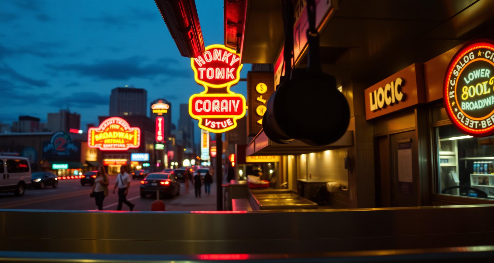 Nashville Lower Broadway neon honky-tonk signs behind a hot chicken kitchen — DishwasherHero+ on-demand BOH staffing