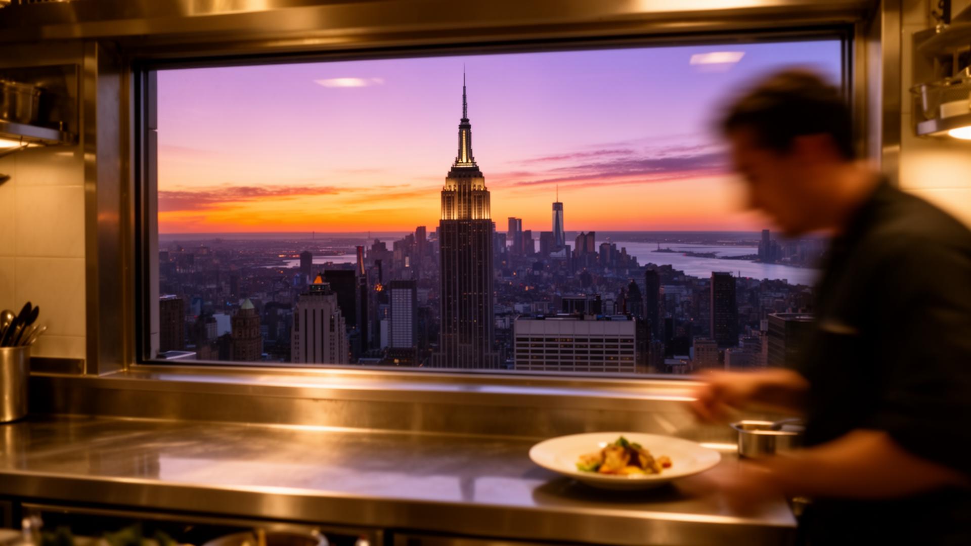 Manhattan skyline at dusk seen through a restaurant kitchen pass — DishwasherHero+ on-demand BOH staffing in New York City