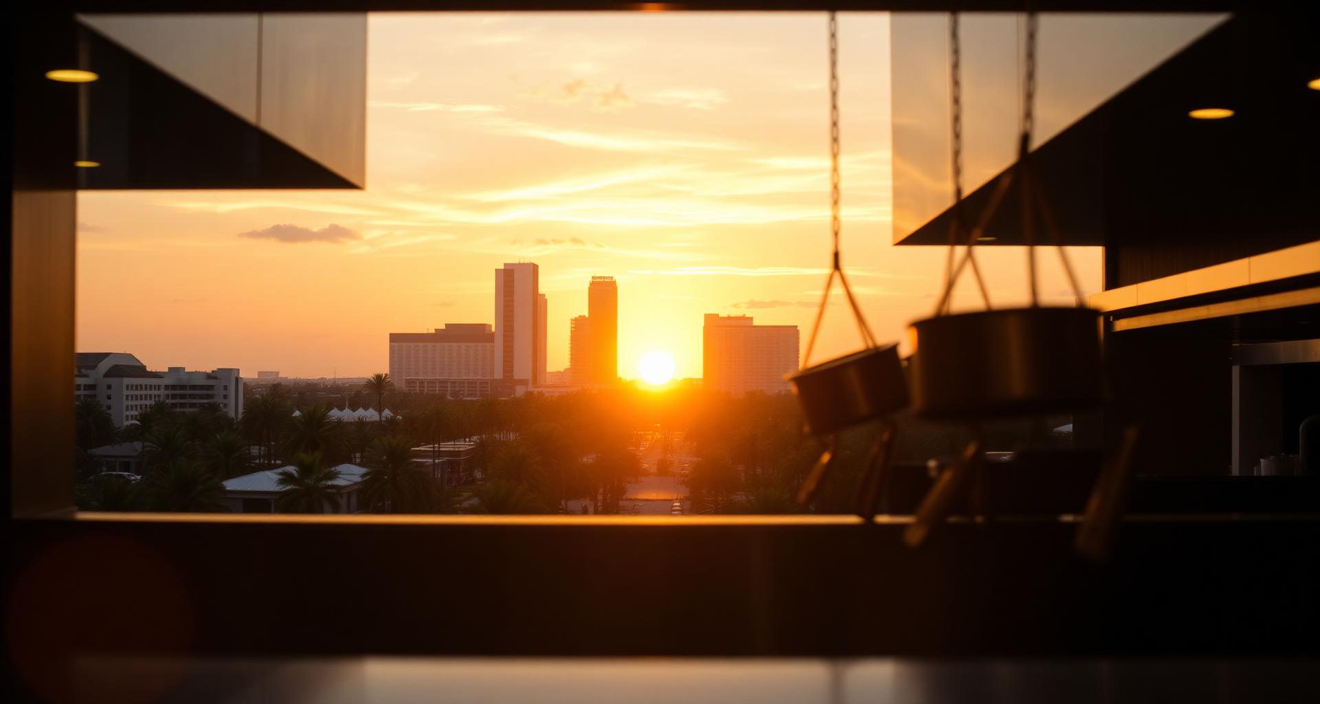 Orlando resort skyline at sunset behind a hotel kitchen pass — DishwasherHero+ on-demand BOH staffing