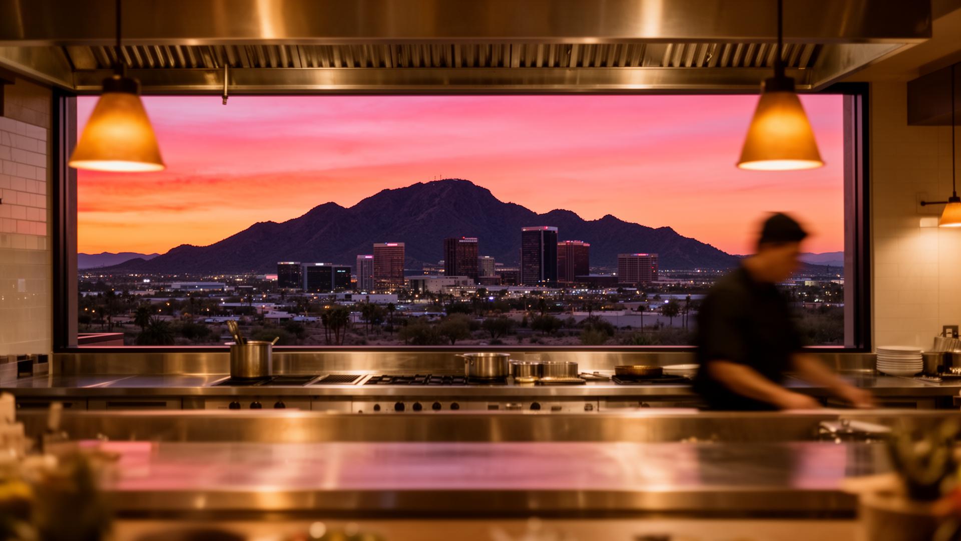 Camelback Mountain and Phoenix skyline at sunset behind a desert-modern open kitchen — DishwasherHero+ W-2 BOH staffing across the Valley