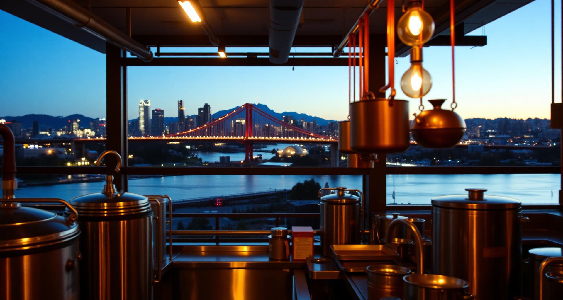 Portland Burnside Bridge and Mount Hood behind a brewery farm-to-table kitchen — DishwasherHero+ on-demand BOH staffing