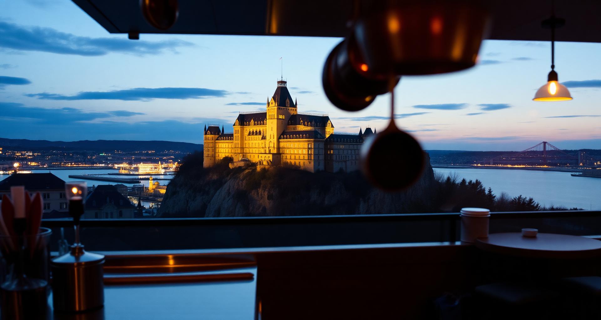 Quebec City Château Frontenac above the Saint Lawrence River behind a French bistro kitchen — DishwasherHero+ on-demand T4 BOH staffing