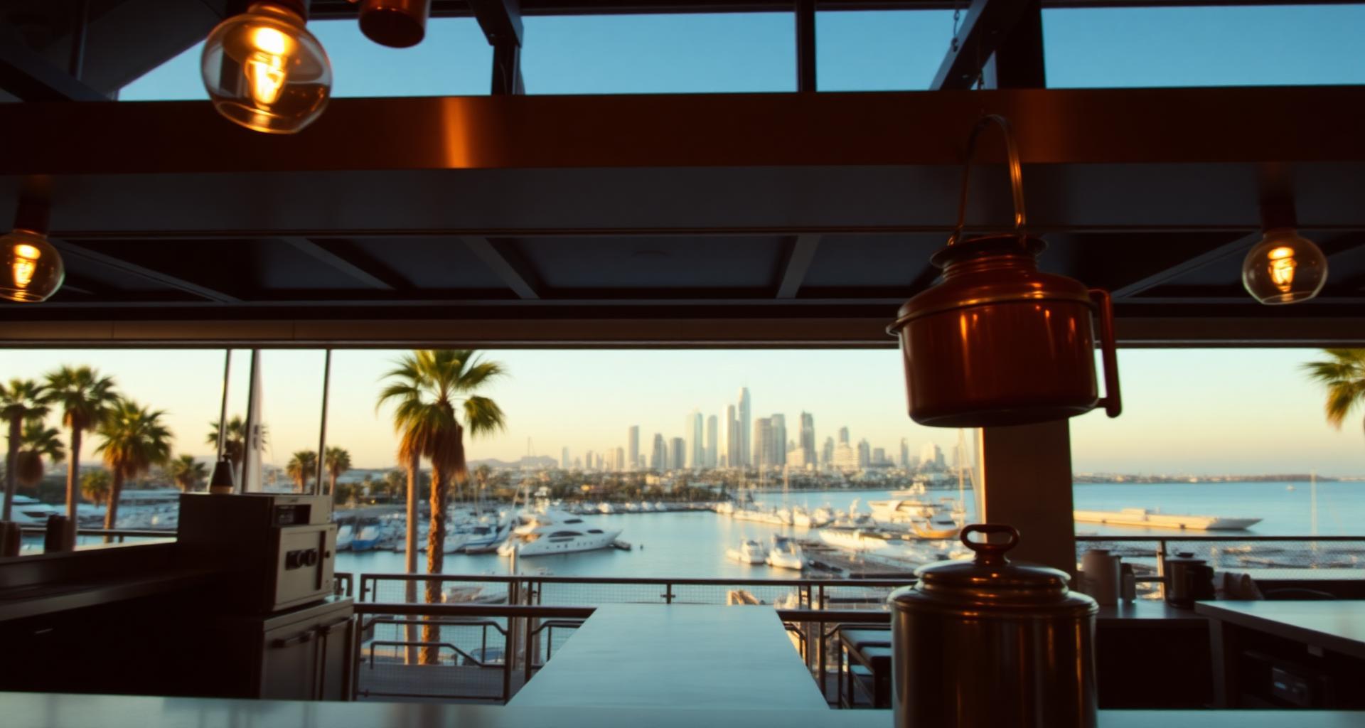 San Diego marina and downtown skyline behind a beach brewery kitchen — DishwasherHero+ on-demand BOH staffing