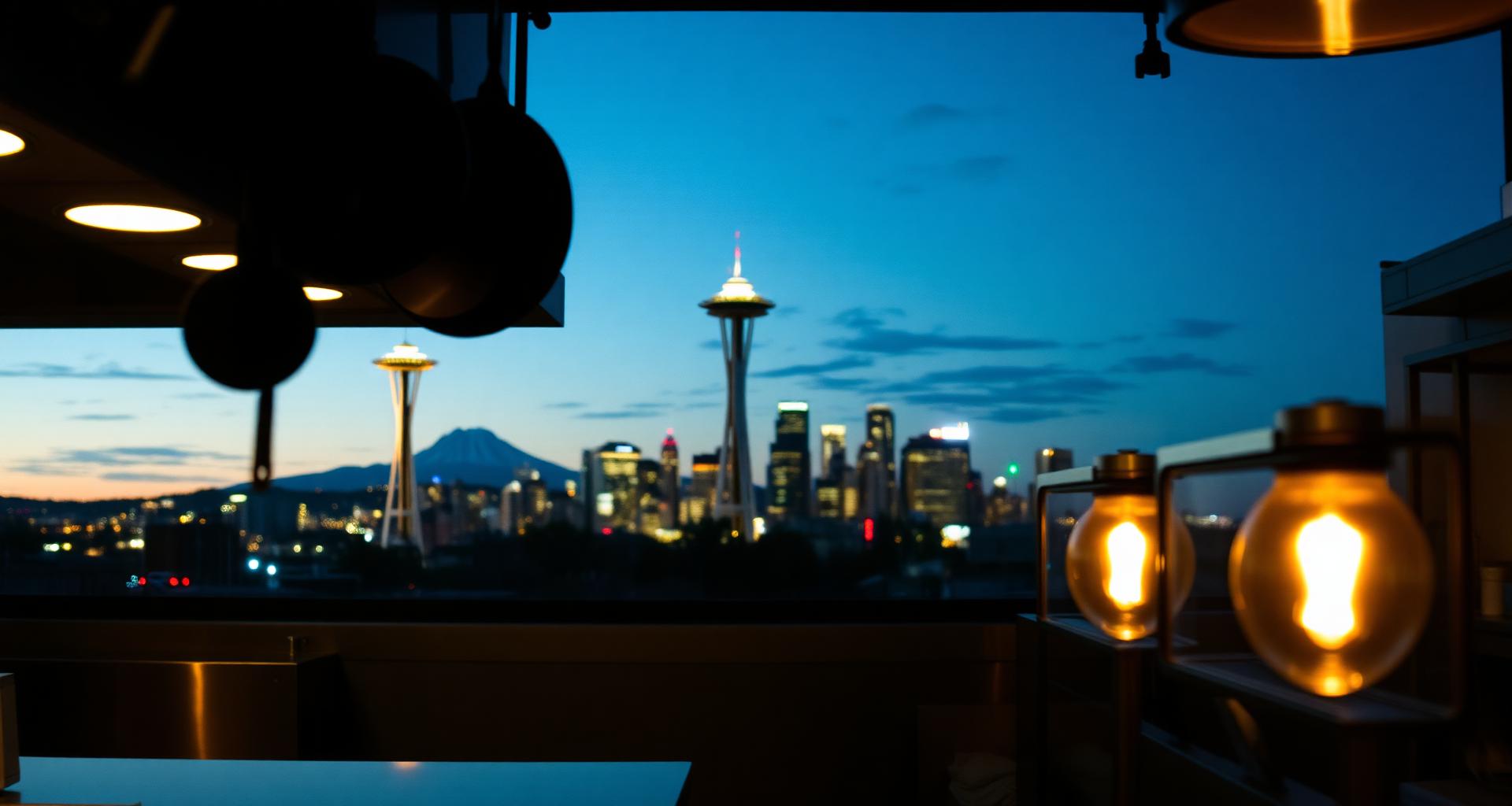 Seattle Space Needle and Mount Rainier behind a restaurant kitchen pass — DishwasherHero+ on-demand BOH staffing