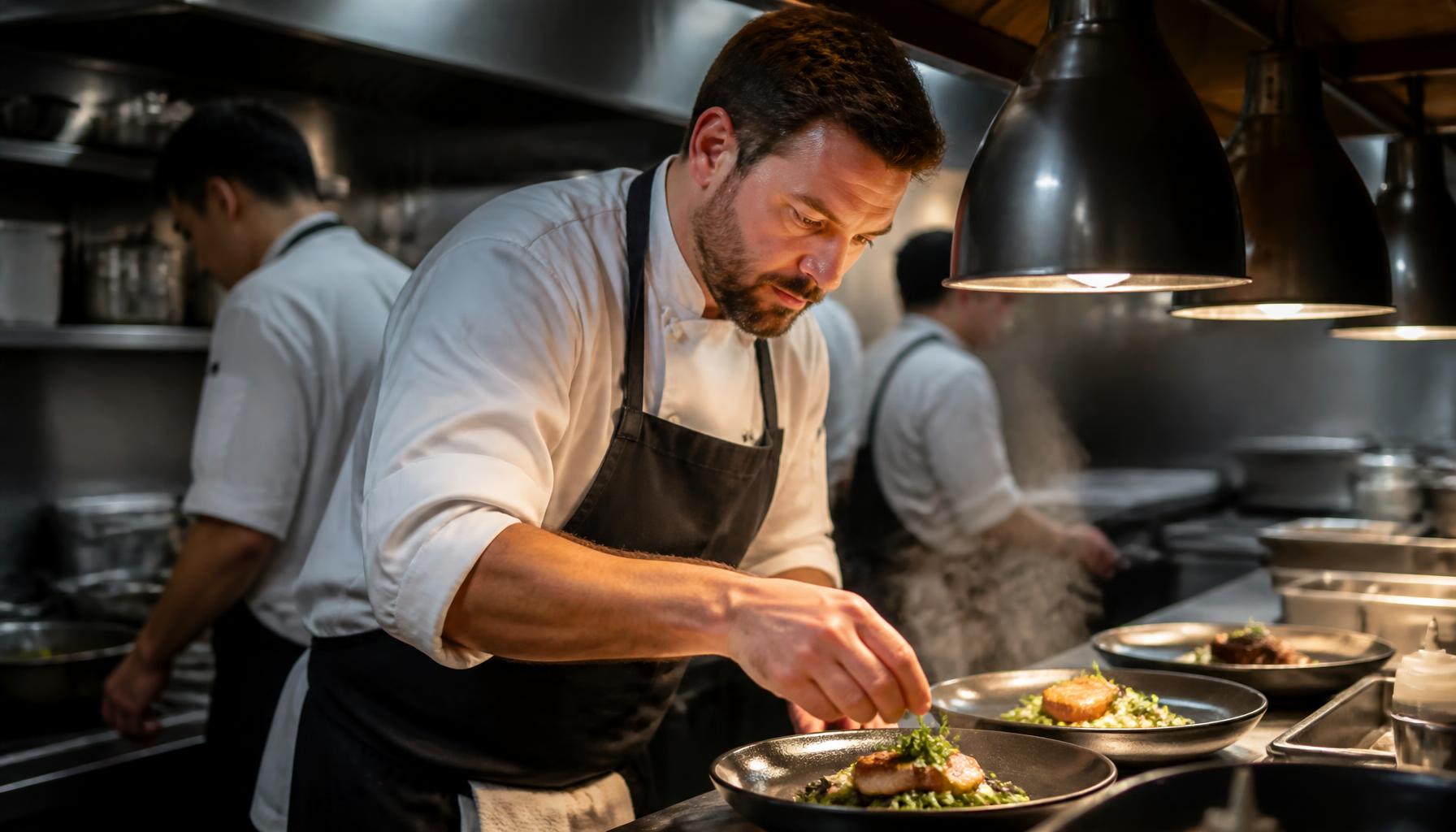 Restaurant hiring manager reviewing a sous chef job description at the kitchen pass