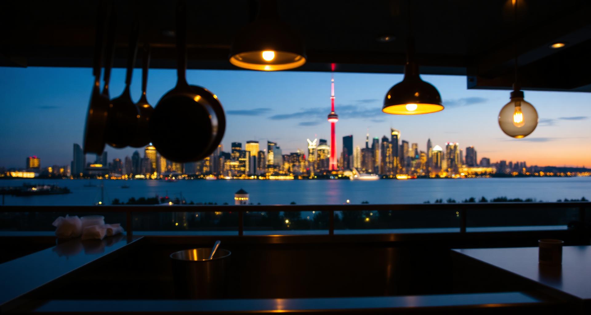 Toronto CN Tower and downtown skyline behind a restaurant kitchen pass — DishwasherHero+ on-demand T4 BOH staffing