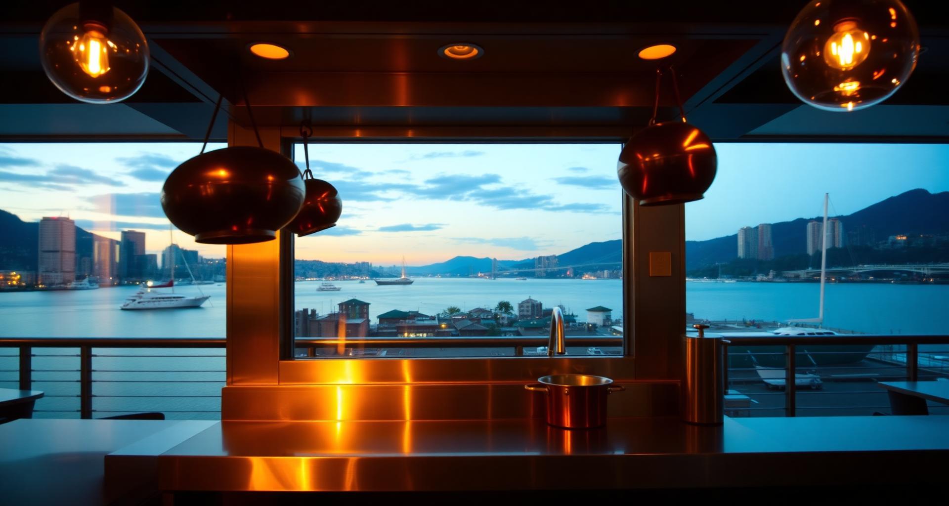 Vancouver harbor and North Shore mountains behind a waterfront restaurant kitchen — DishwasherHero+ on-demand T4 BOH staffing