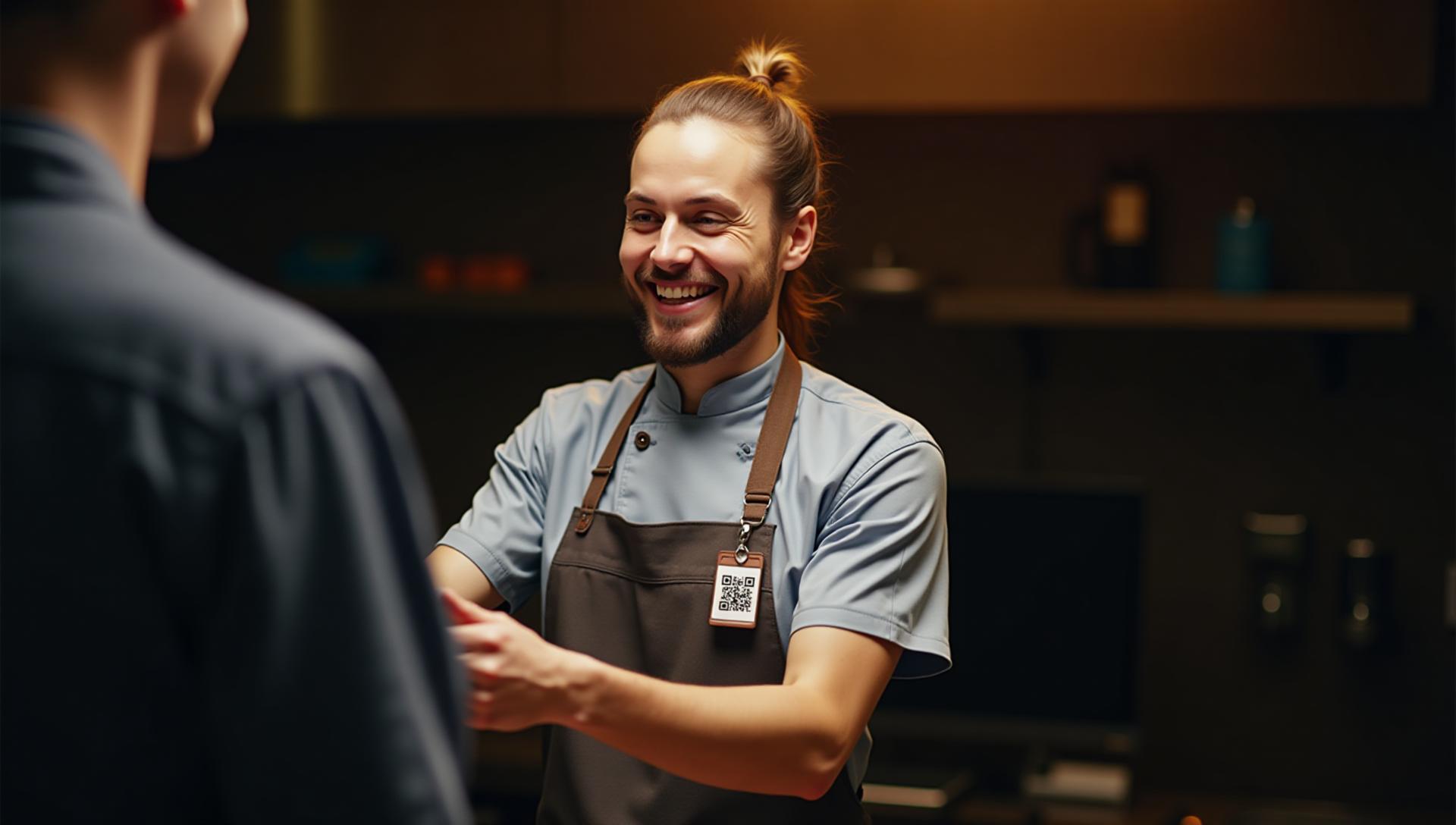 Kitchen worker showing verified credential badge
