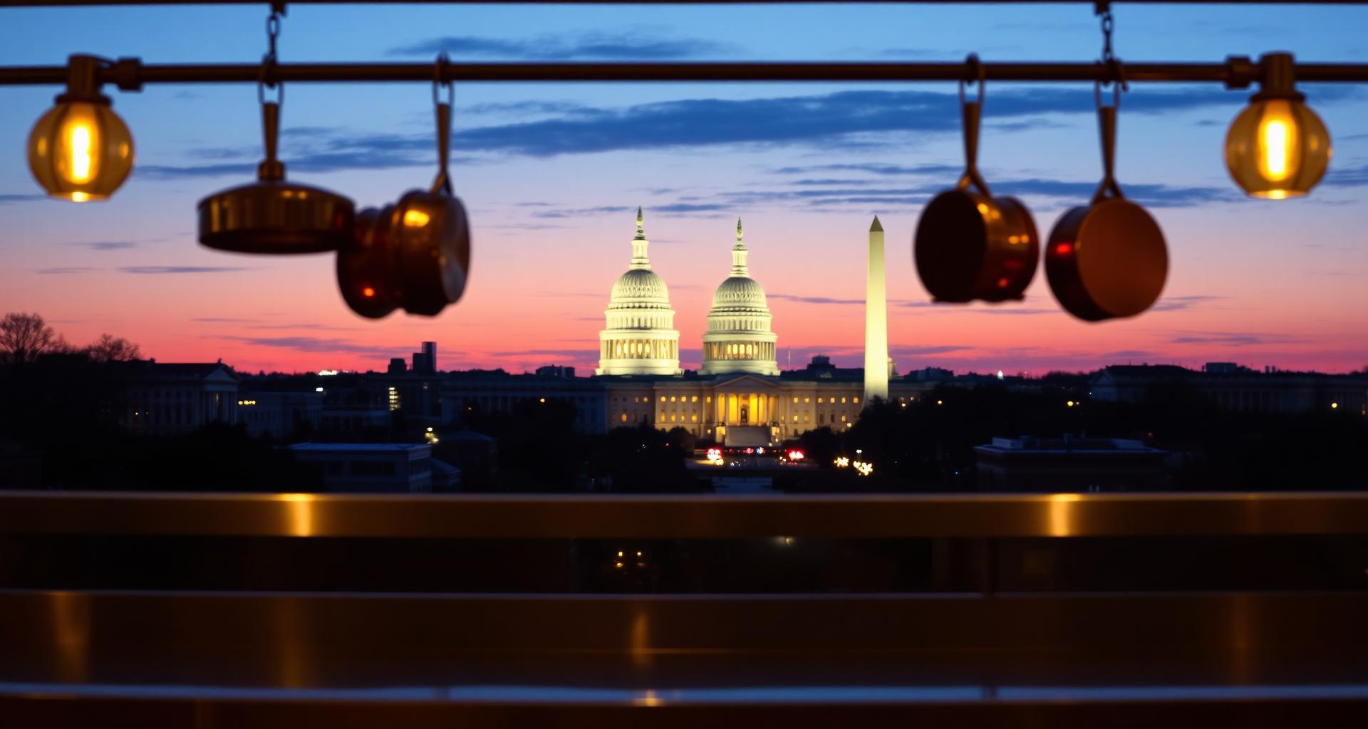 Washington DC United States Capitol and Washington Monument behind a luxury hotel banquet kitchen — DishwasherHero+ on-demand BOH staffing