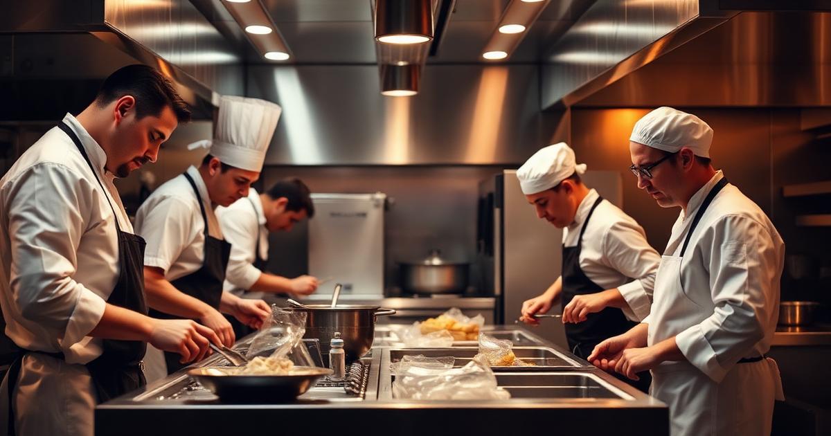 Full back-of-house kitchen brigade working a dinner service