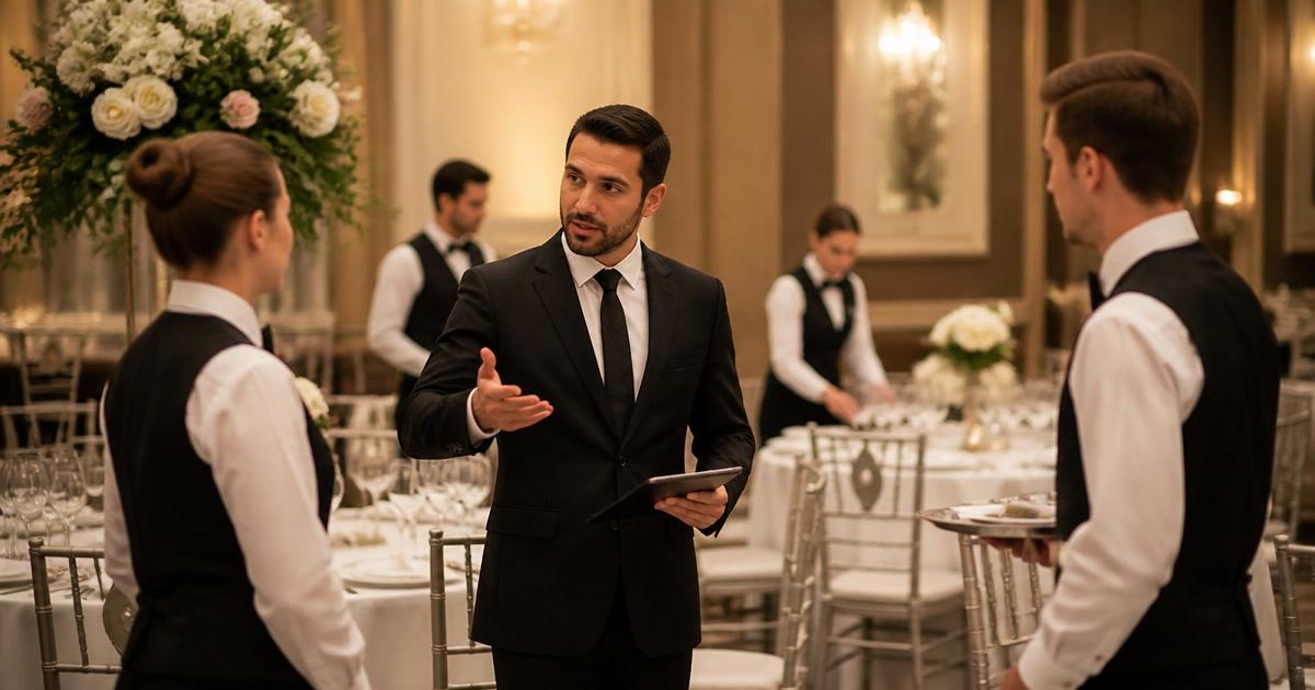 Banquet captain directing servers at a large corporate event dinner