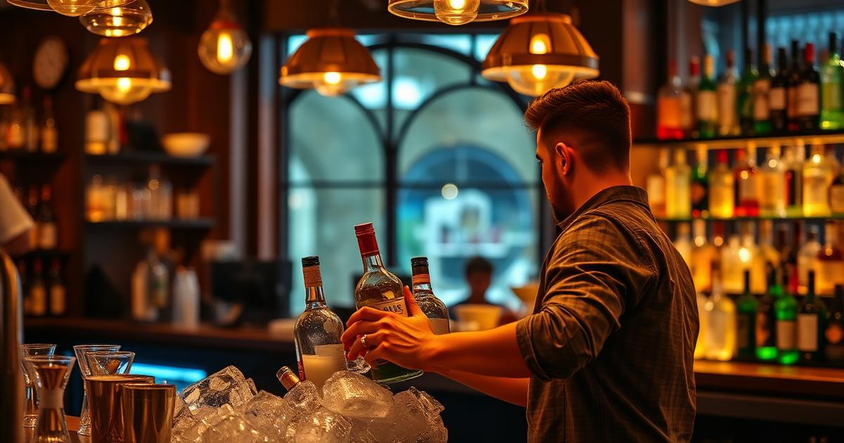 Barback stocking bar supplies and ice during a busy bar shift