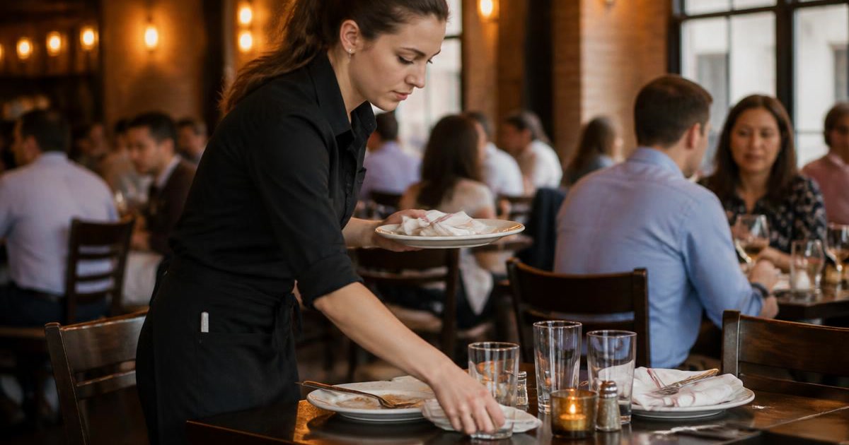 Busser clearing and resetting tables in a busy restaurant dining room