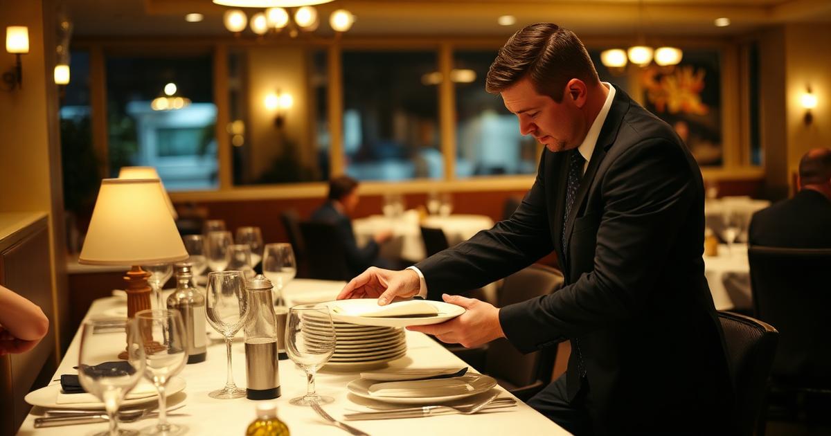 Busser clearing and resetting tables in a full-service restaurant dining room