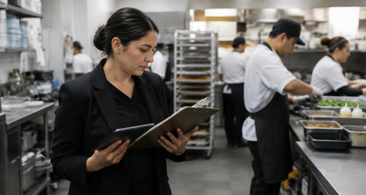 Catering operations manager reviewing a staffing schedule on a clipboard in an event kitchen