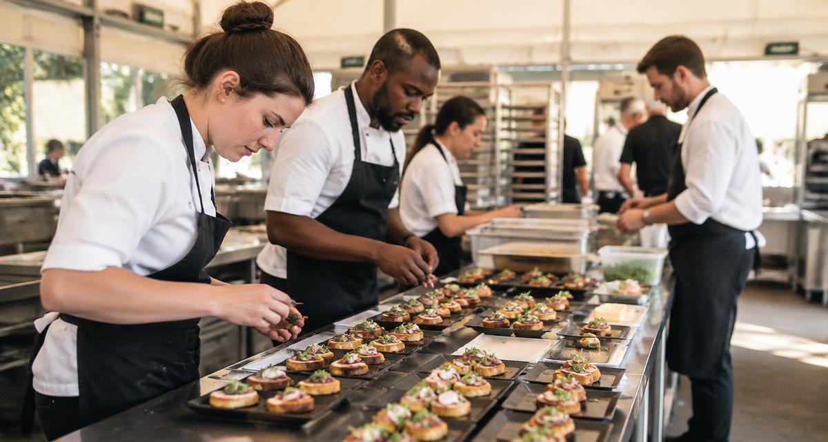 Catering crew plating canapés on stainless prep tables at an off-site event kitchen