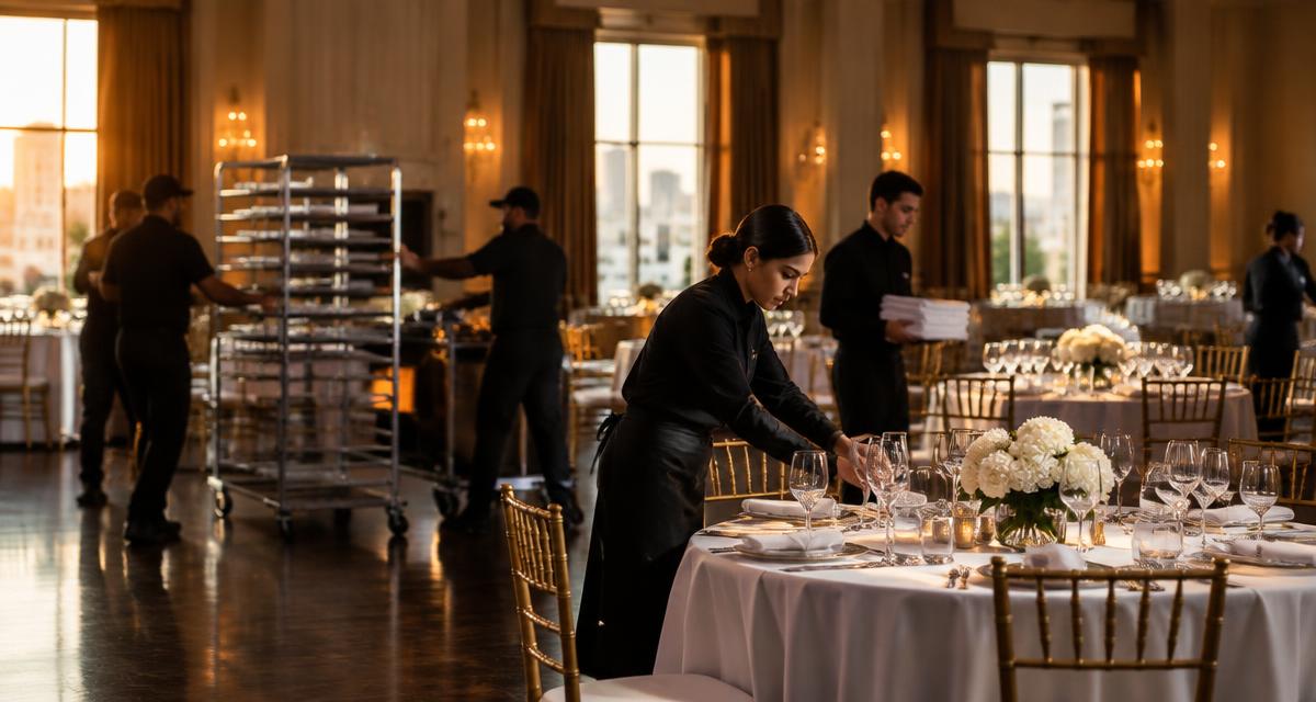 Event crew setting tables and moving service racks in a banquet hall before guests arrive