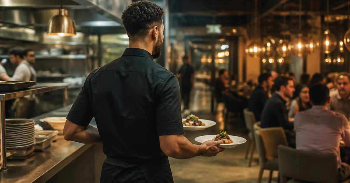 Food runner carrying plates from kitchen to dining room in a busy restaurant