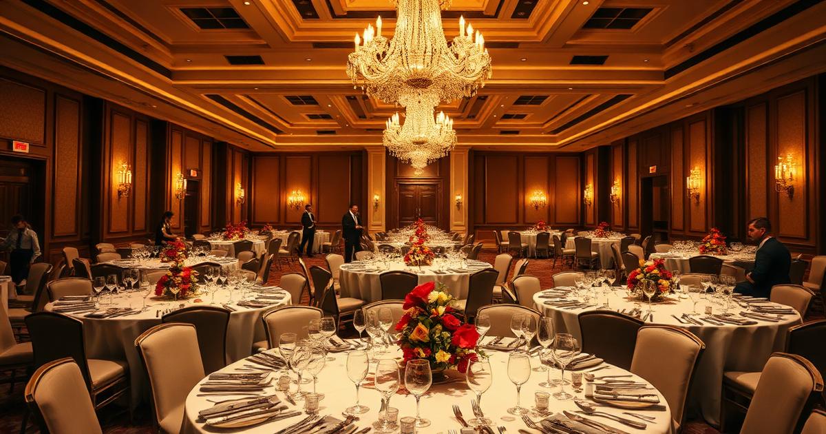 Banquet team plating gala dinner courses simultaneously in a hotel kitchen