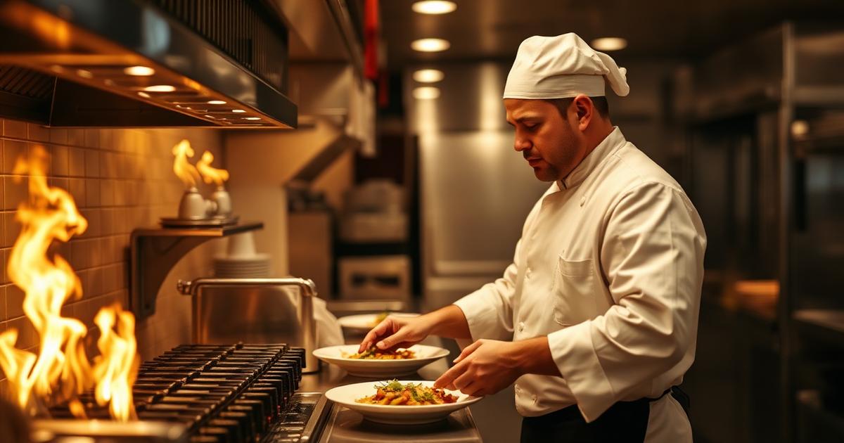 Line cook working at a station in a busy commercial restaurant kitchen