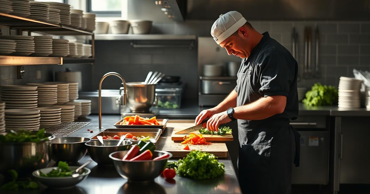 Prep cook organizing mise en place in a commercial kitchen before service
