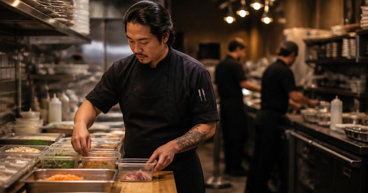 Prep station lead organizing mise en place in a commercial kitchen before dinner service