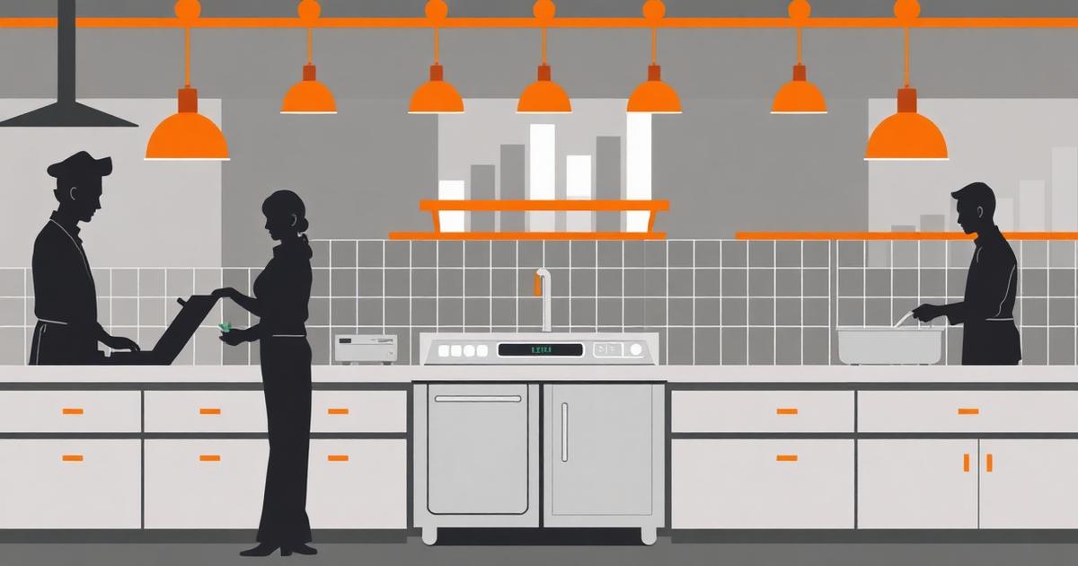 Illustrated restaurant kitchen scene with dishwasher, prep cook, and line cook stations under warm pendant lighting — cover for the 2026 restaurant staffing statistics report