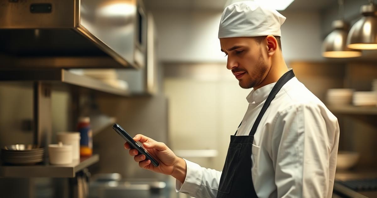 Kitchen worker checking weekly pay on phone after dishwasher shift
