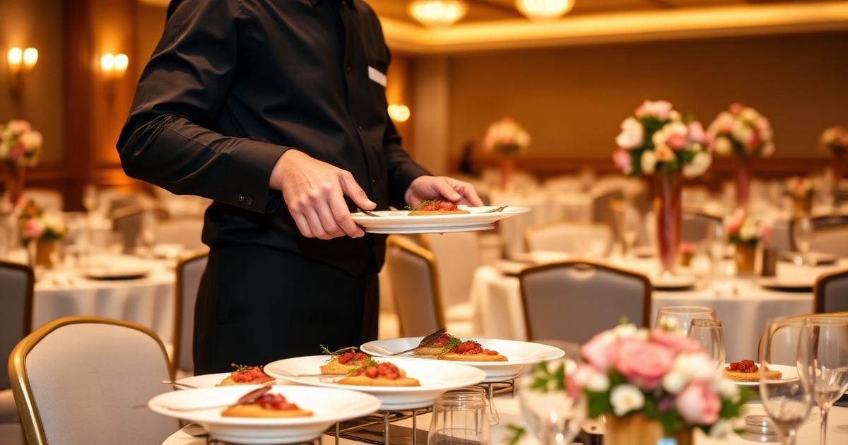 Banquet server plating dishes at a corporate event
