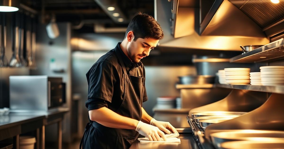 Kitchen porter cleaning equipment in a commercial restaurant kitchen
