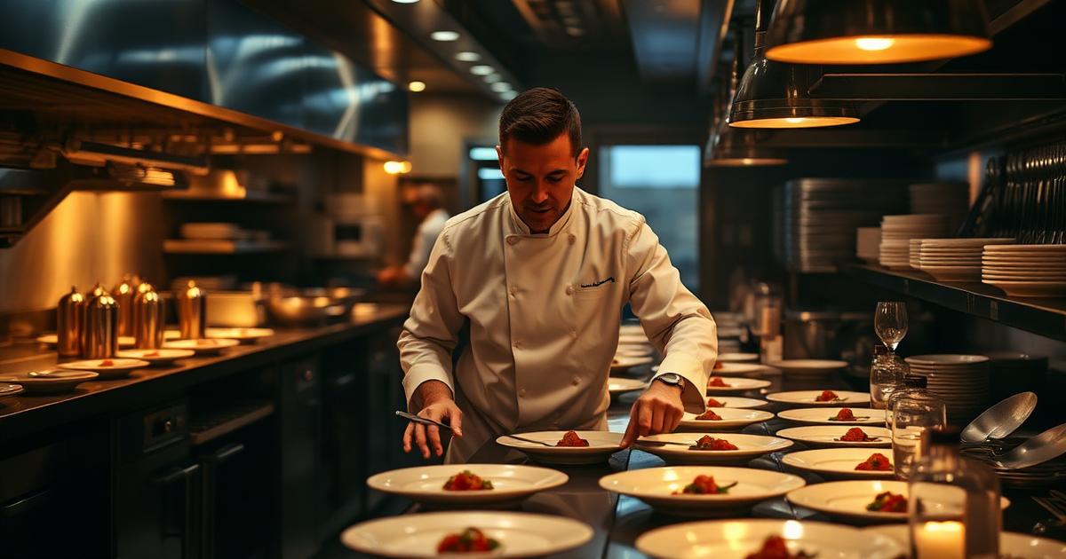 Sous chef leading a line during dinner service in a professional kitchen