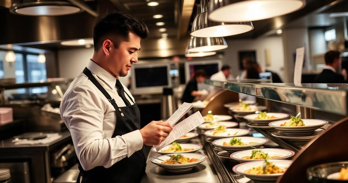 Expeditor calling tickets at the pass in a busy restaurant kitchen