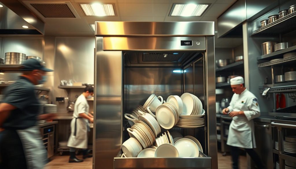 dishwasher in restaurant kitchen